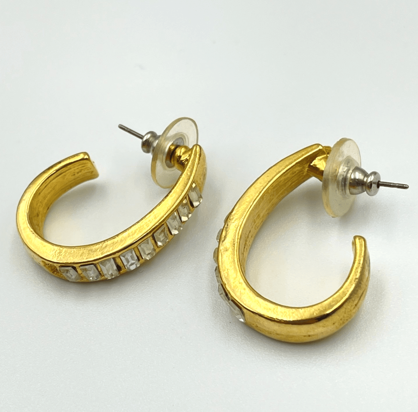 Vintage VTG Gold Tone Clear Baguette Crystal Rhinestone Channel Hoop Earrings