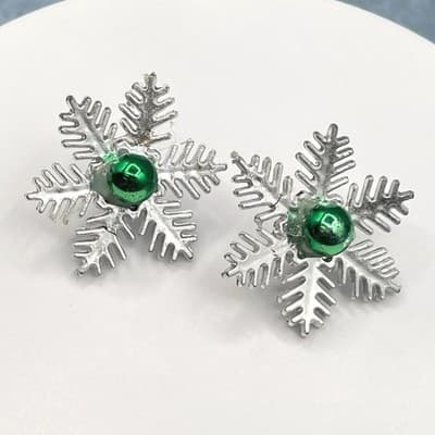 Vintage Holiday Snowflake Stud Earrings Silver Tone Green Ball Christmas Winter