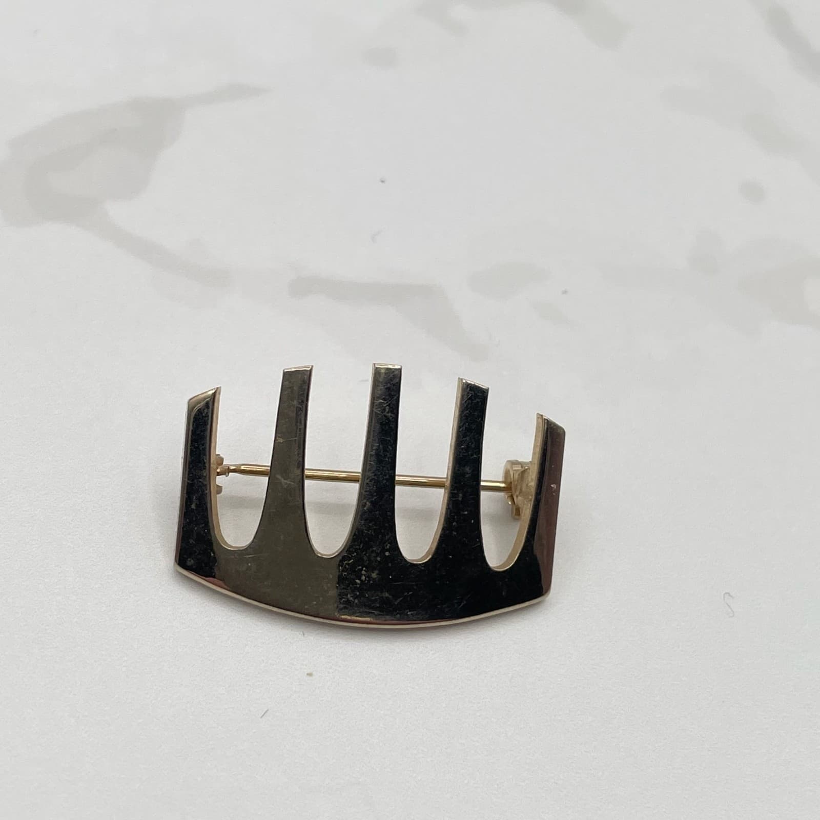 Vintage Gold Tone Brooch Pin Modernist Abstract Geometric Bar Crown Style Estate