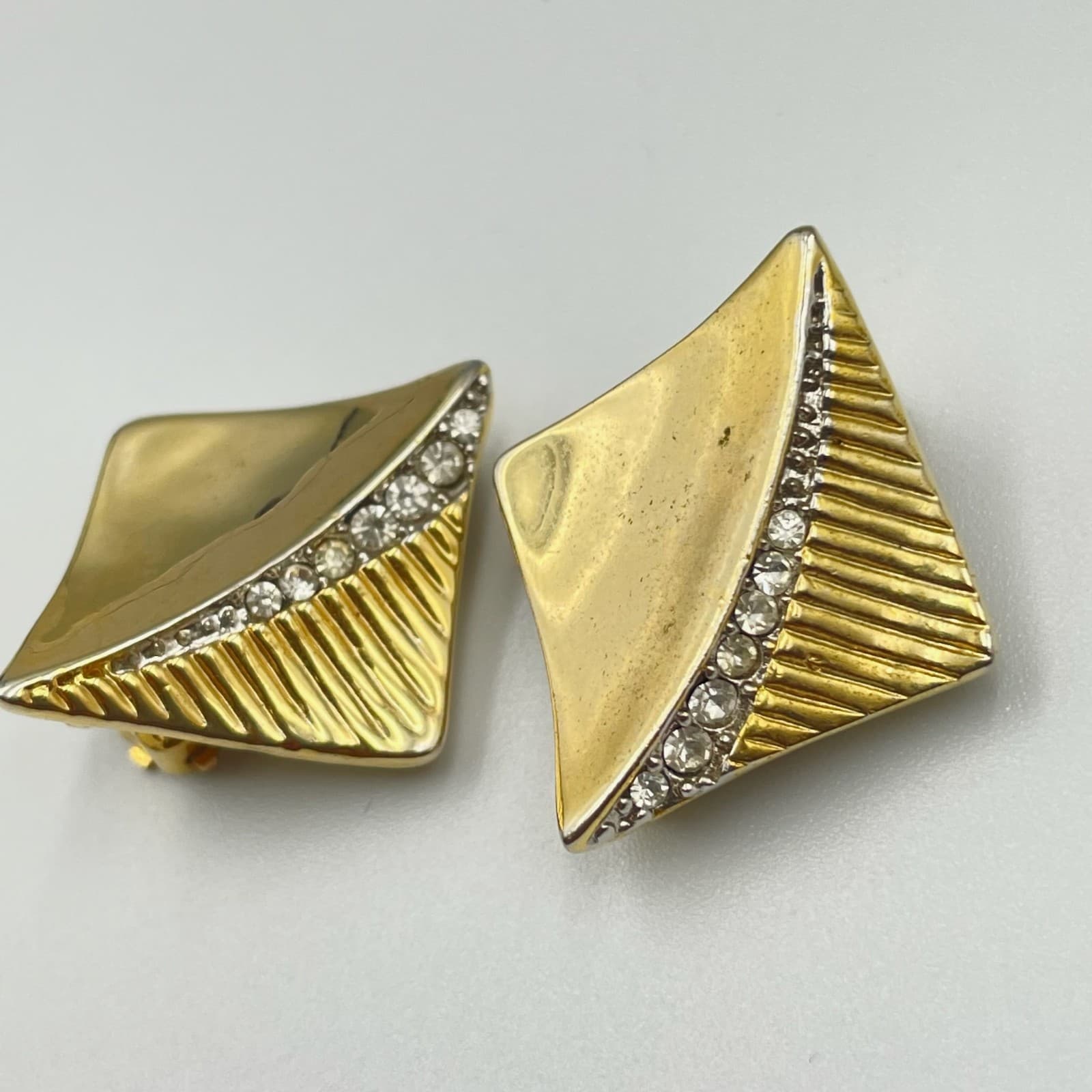 Vintage Gold Tone Square Clip On Earrings Pave Rhinestone Modernist Statement