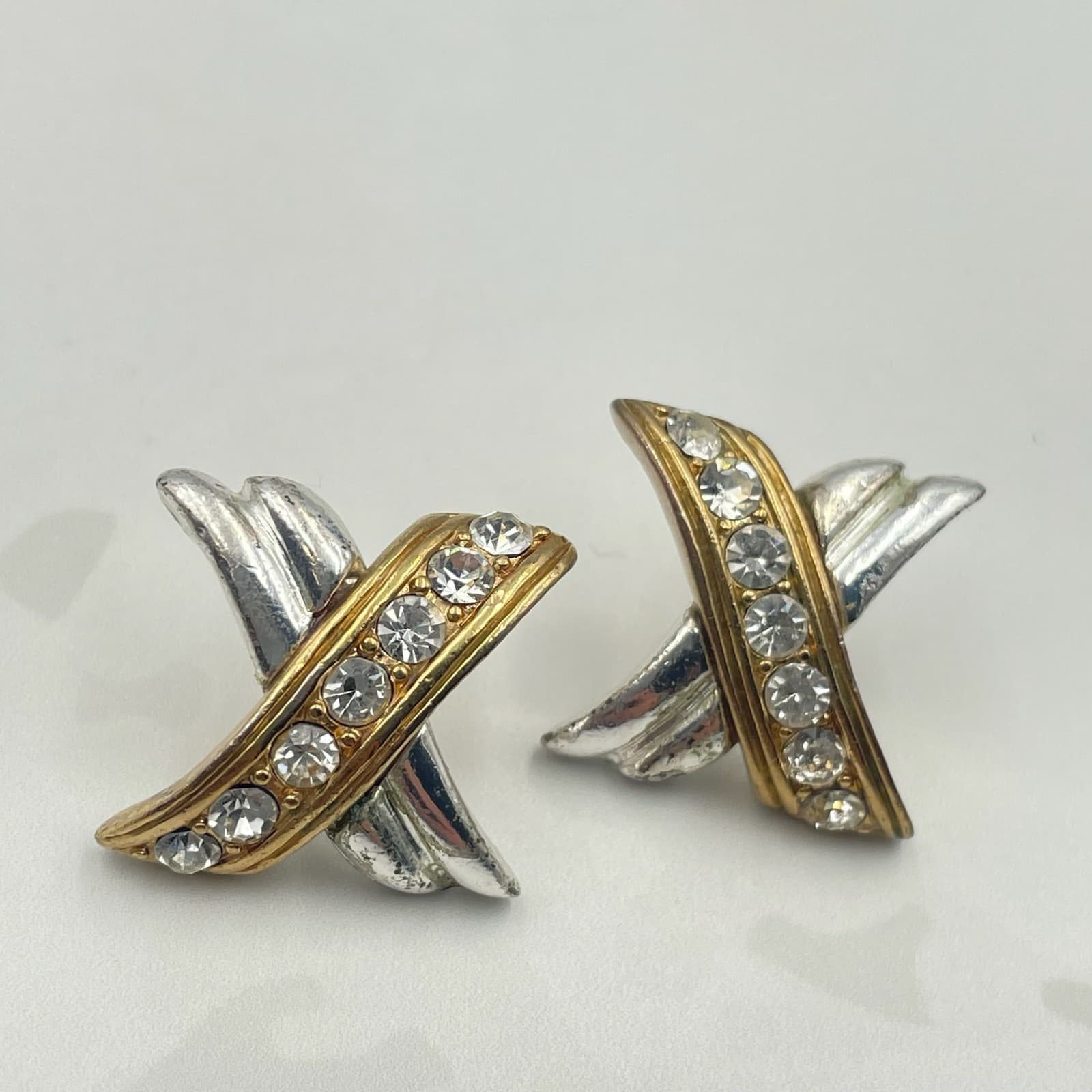 Vintage VTG Crisscross X Hugs Kisses Stud Earrings Two Tone Clear Rhinestone