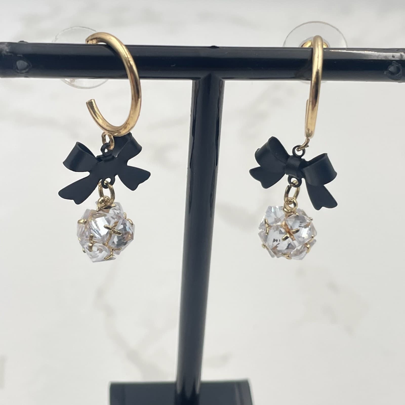 Vintage VTG Gold Tone Hoop Earrings Black Bow Clear CZ Crystal Ball Dangle Glam