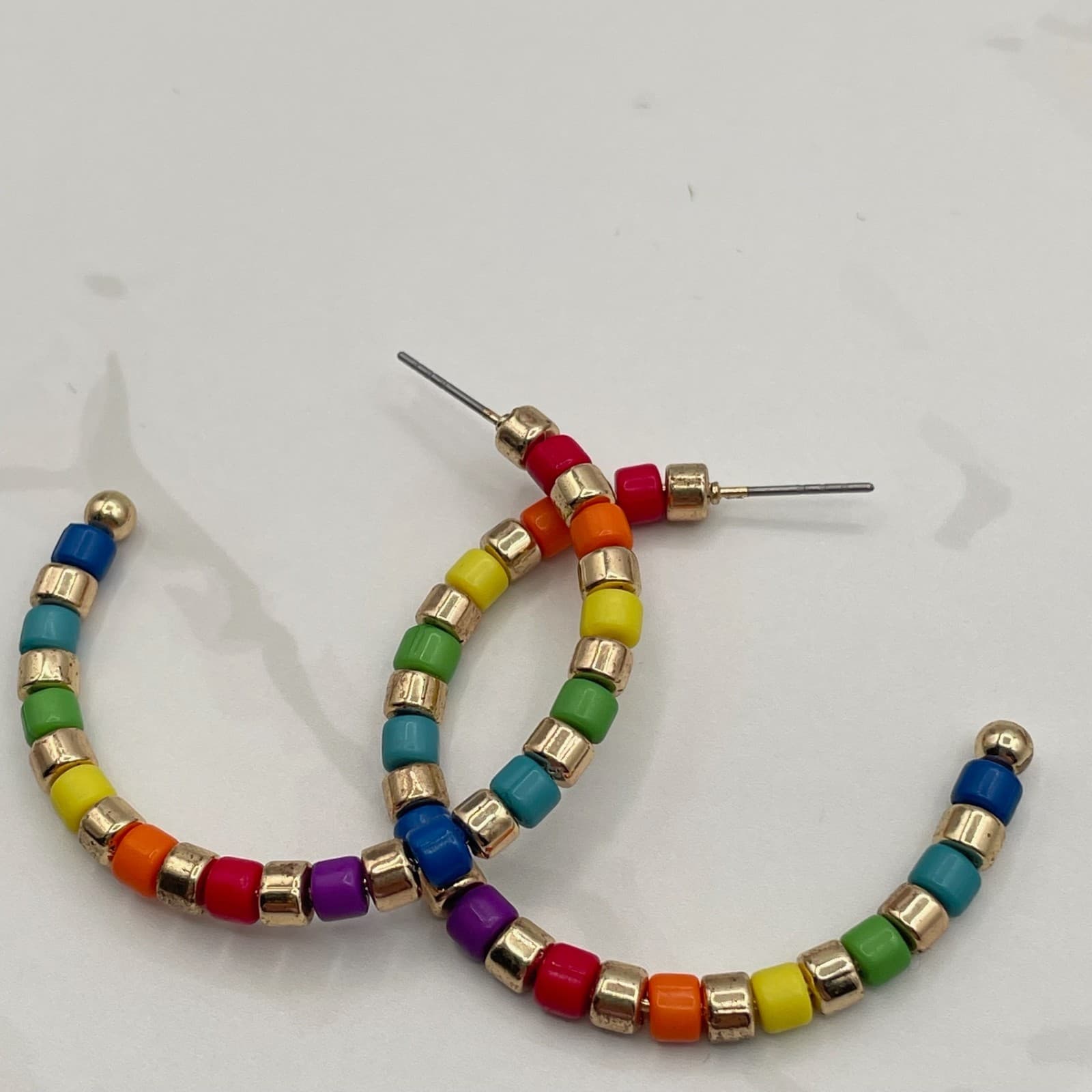 Vintage VTG Rainbow Beaded Hoop Earrings Gold Tone Cube Beads Fun Colourful
