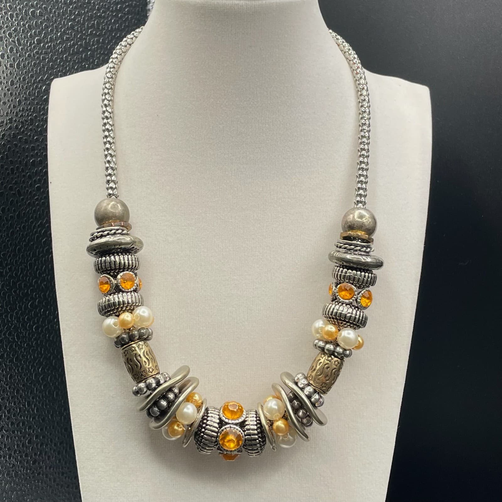 Vintage Mixed Media Accents Beads & Rhinestones Silver Tone Necklace Chain