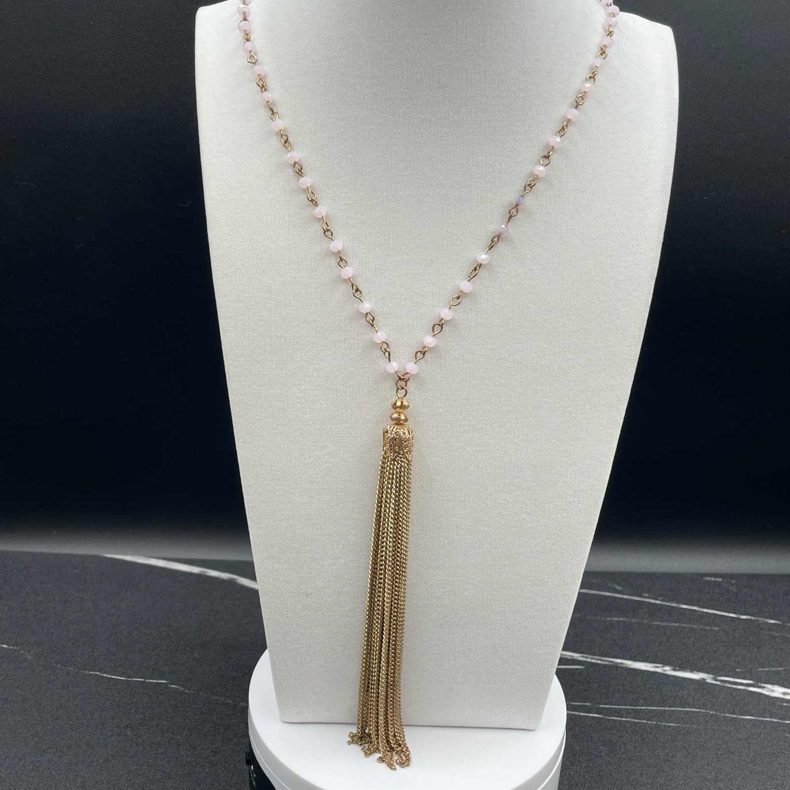 Vintage Gold-Tone Glass Beaded Lobster Claw Fashion Tassel Pendant Necklace