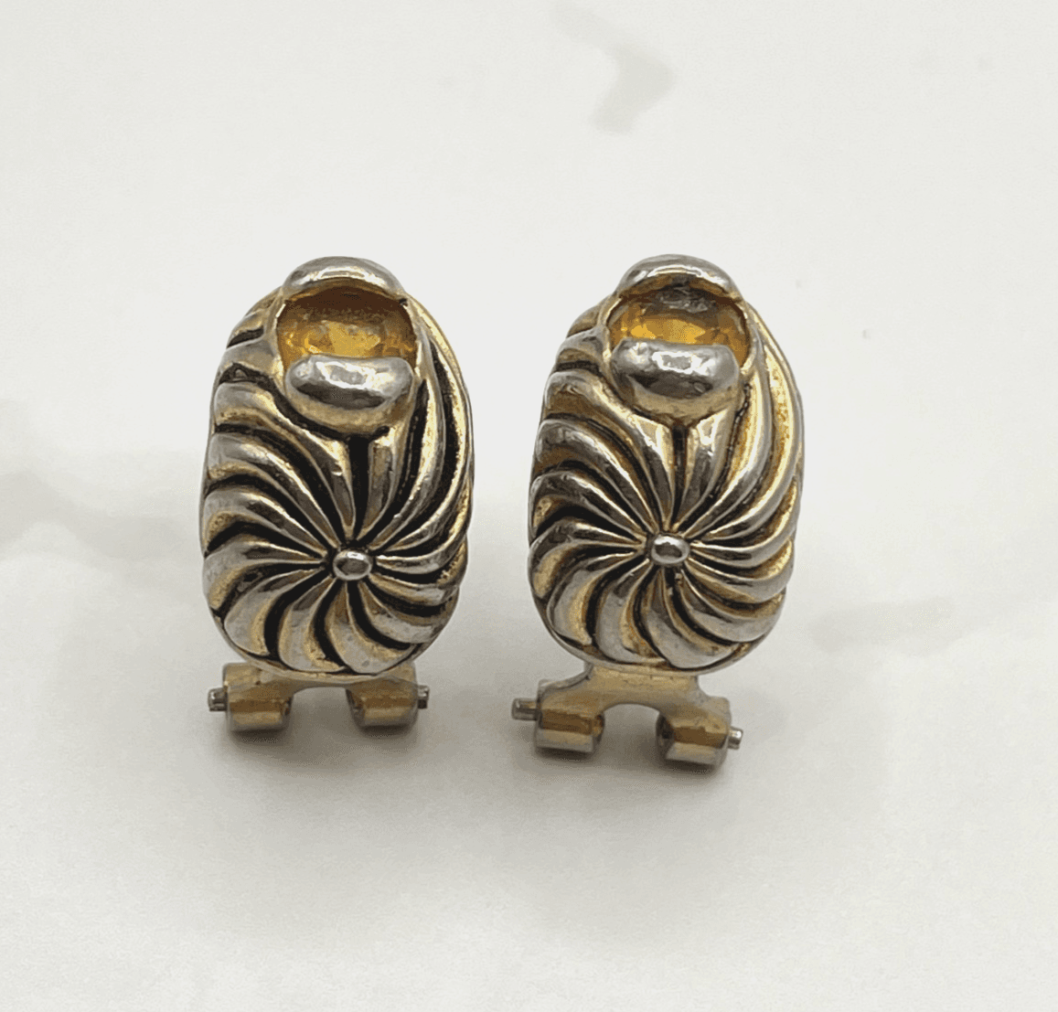 Vintage Two-Tone Citrine Style Earrings Gold Silver Tone with Amber Glass Stone