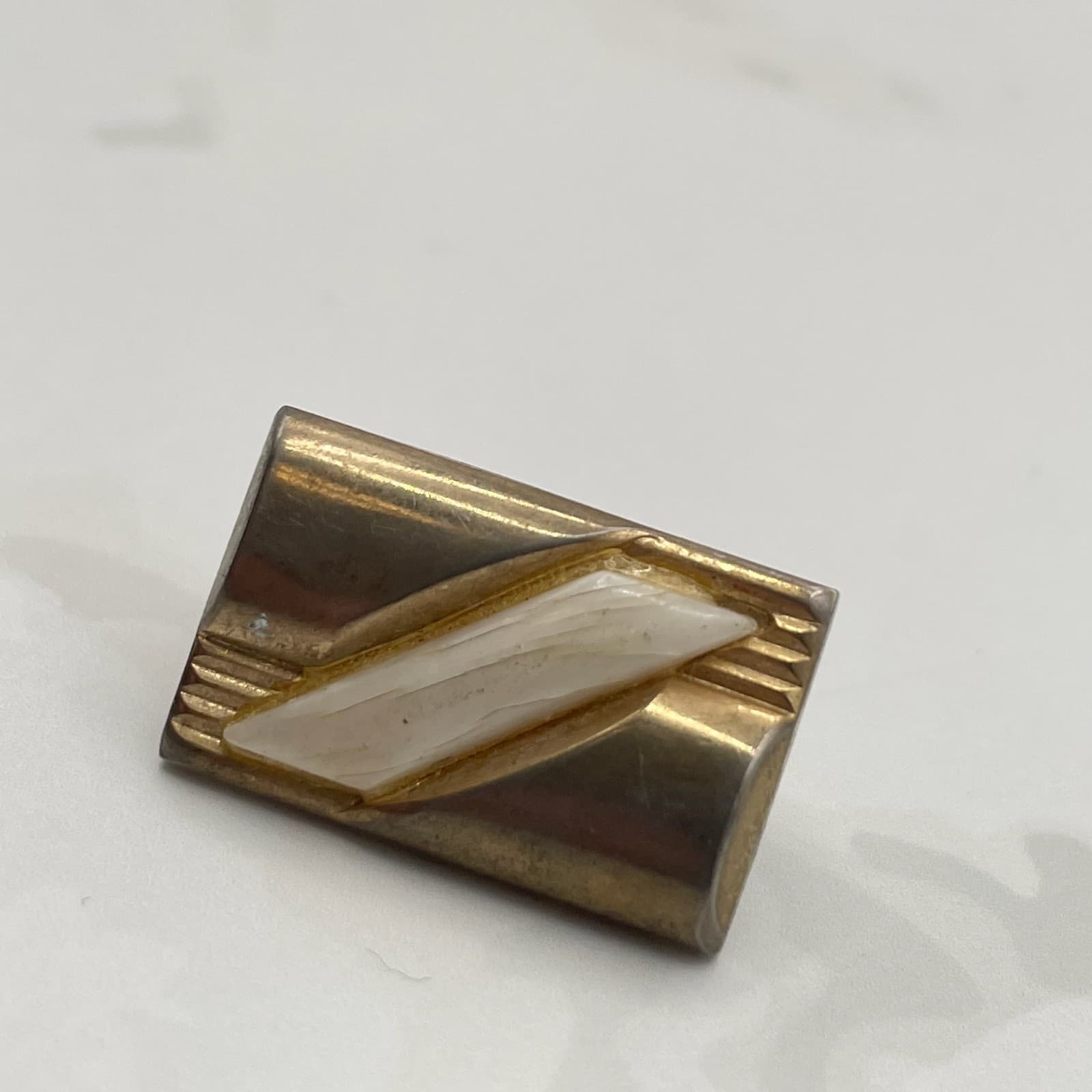 Vintage Art Deco Gold Tone Dress Clip Brooch Pin White Inlay Rectangular Classic