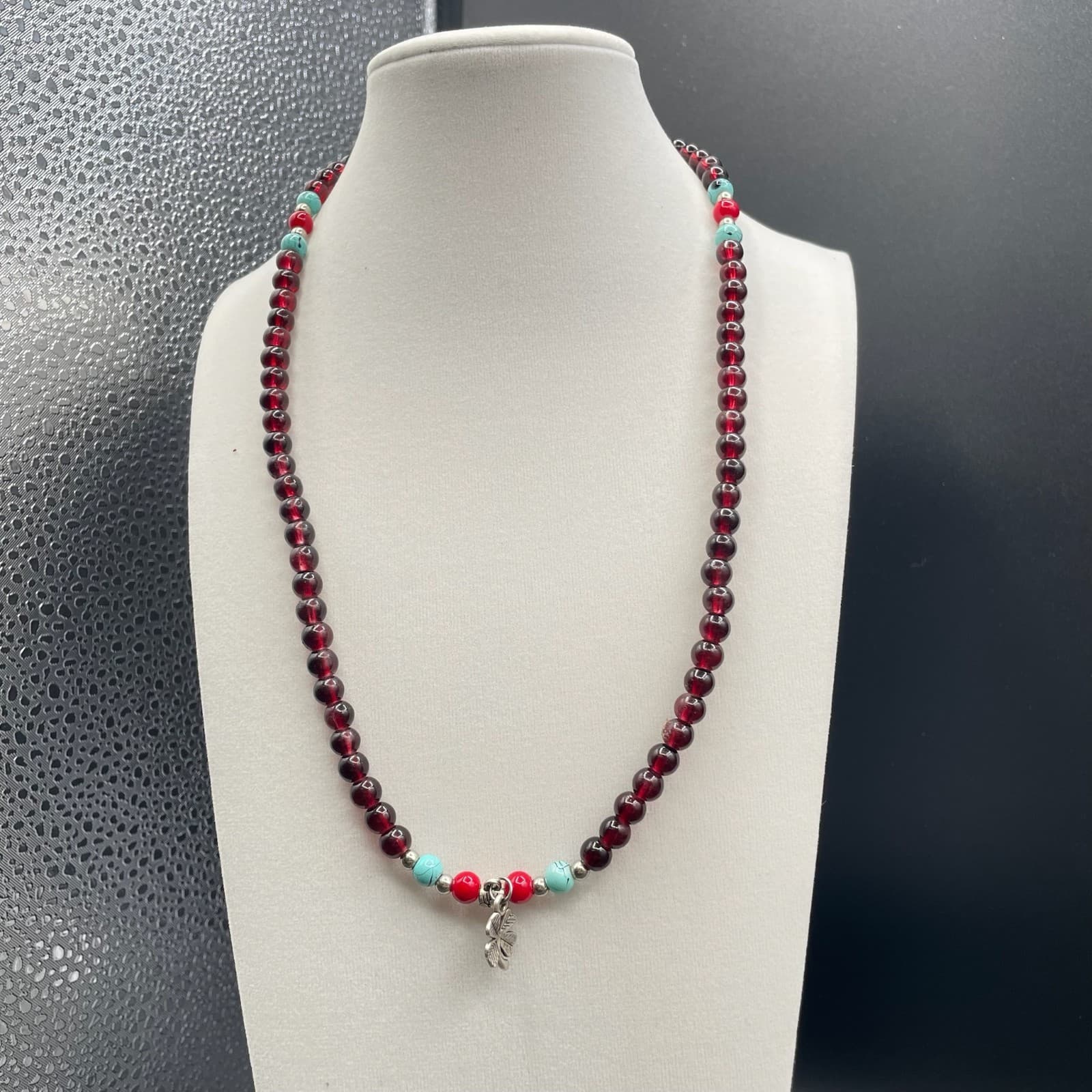 Vintage Red Silver Turquoise Round Beaded Necklace with Four Petal Silver Flower
