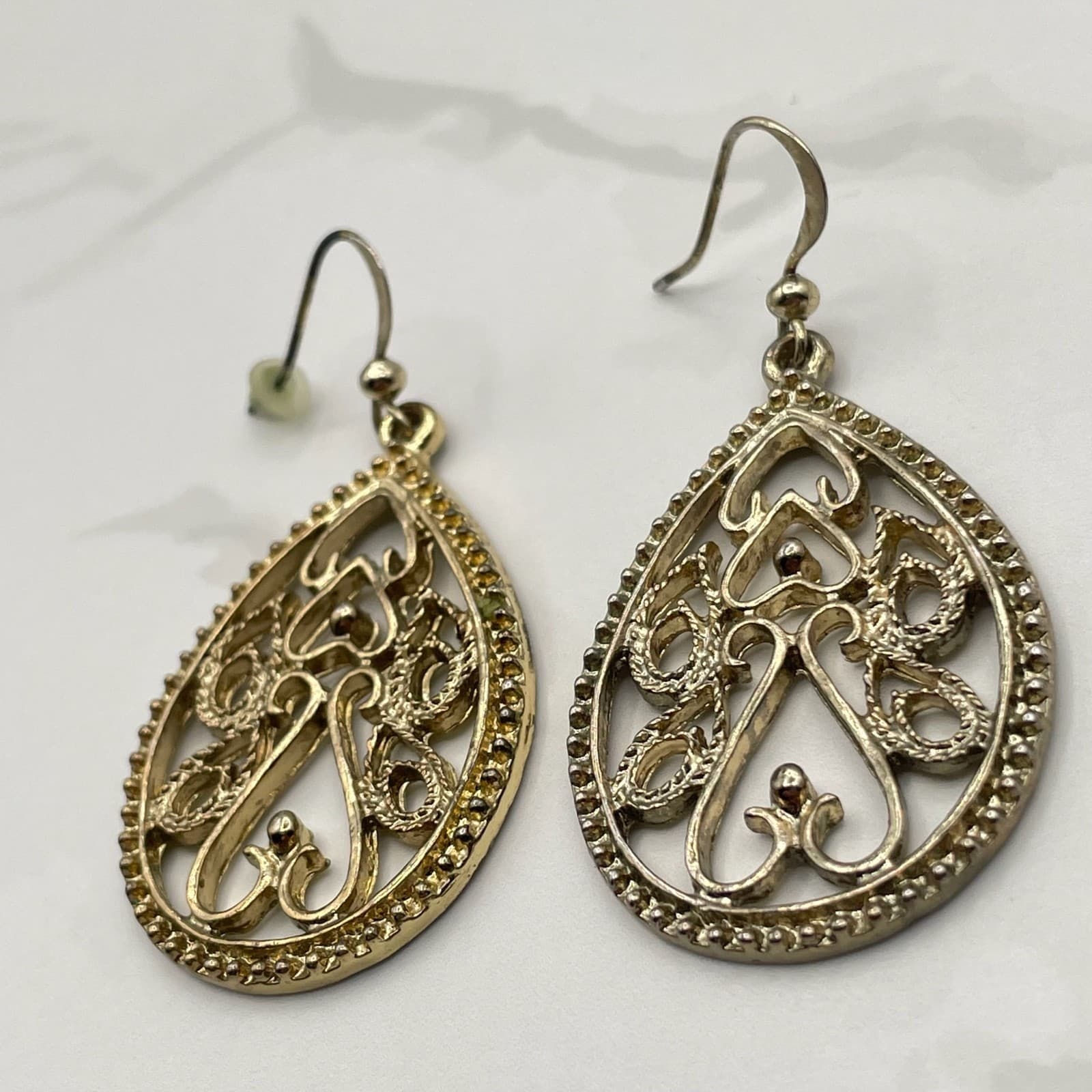 Vintage Silver Tone Filigree Teardrop Dangle Earrings Mixed Metal Boho Jewelry