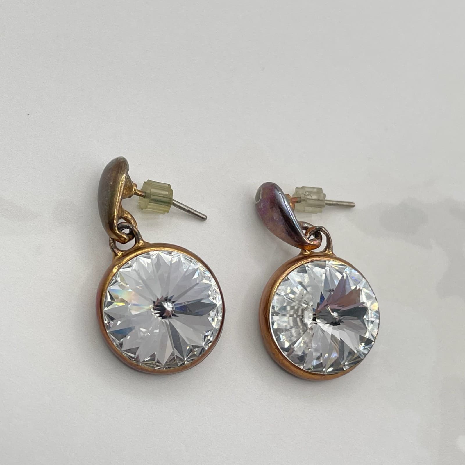 Vintage VTG Cubic Zirconia Drop Earrings Clear CZ Copper Patina Post Dangle 15mm