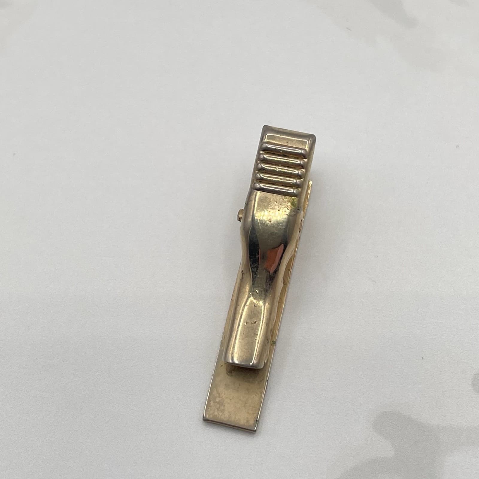 Vintage Gold Tone Tie Clip Bar Textured Hammered Engraving Space Classic Men