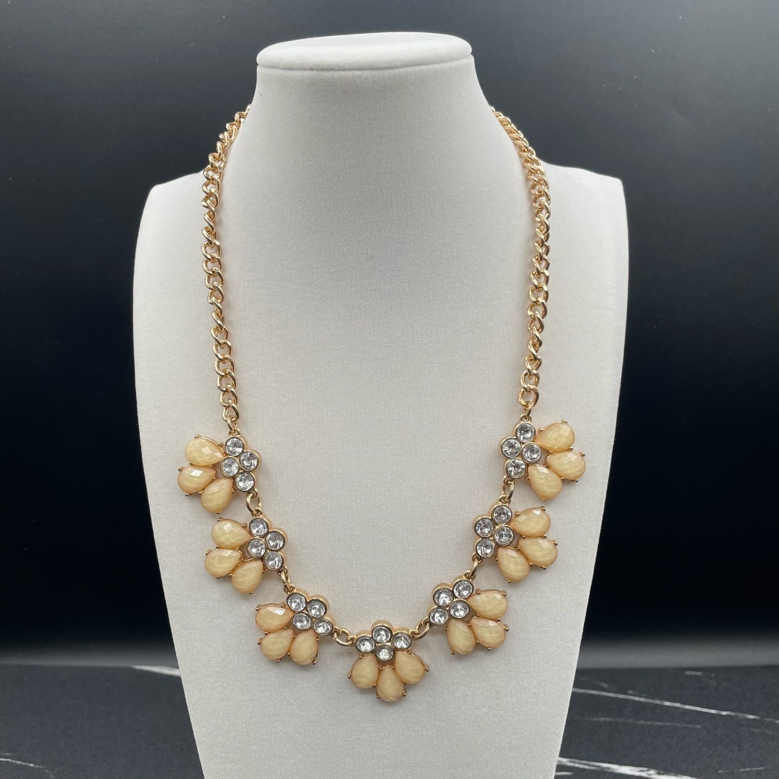 Vintage Faux Opal Rhinestone Gold-Tone Floral Cluster Fashion Bib Necklace