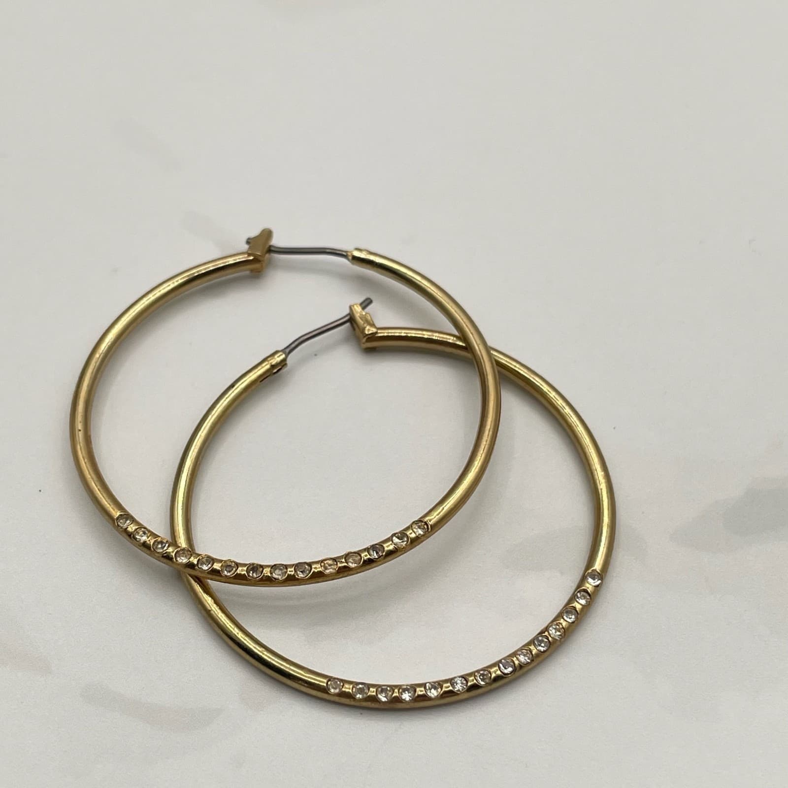 Vintage Gold-Tone Endless Hoop Earrings with Clear Rhinestones Round Fashion