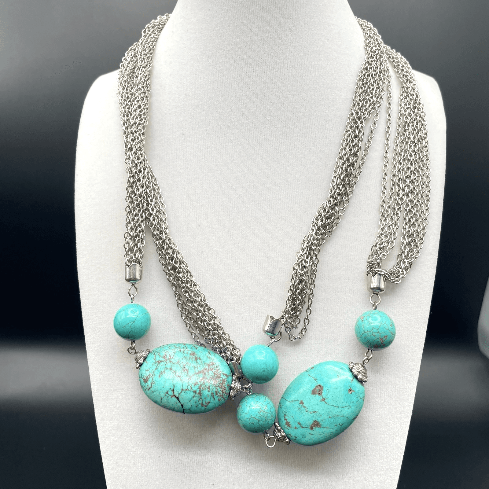 Vintage Silver Tone Bohemian Oval Spherical Turquoise Multi-Chain Necklace