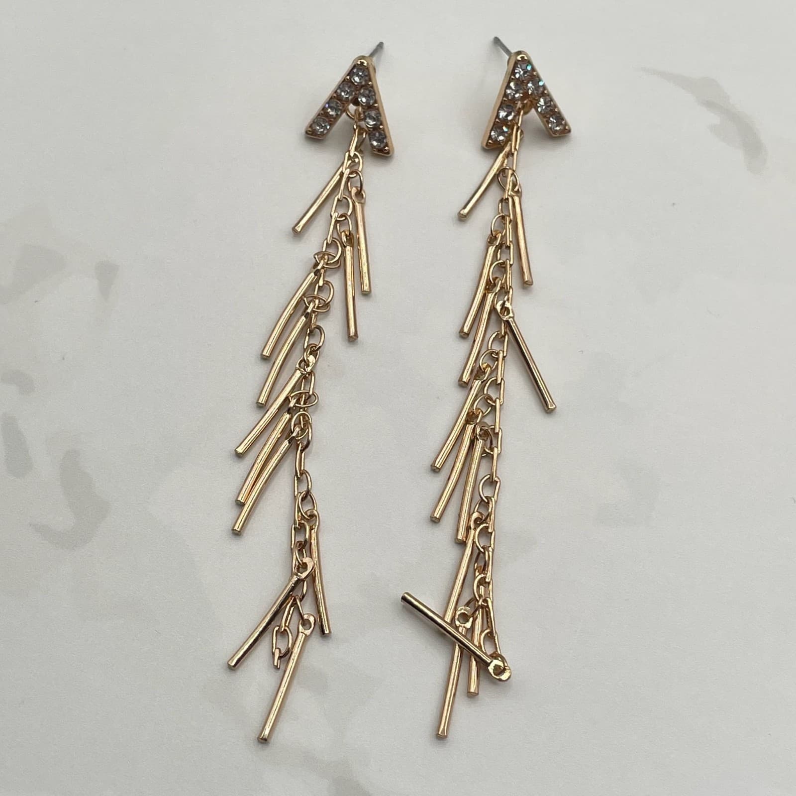 Vintage Gold-Tone Linear Landmark Fringe Post Earrings with Rhinestones Fashion