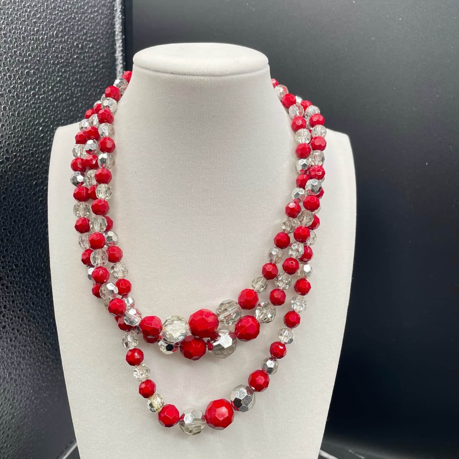 Vintage Red Clear Glass Faceted Beaded Classic Multi-Strand Collar Necklace