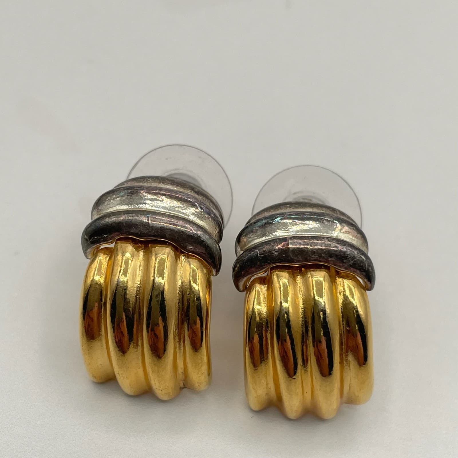 Vintage Two-Tone Ribbed Clip-On Earrings Gold & Silver Tone Chunky Hoop Style