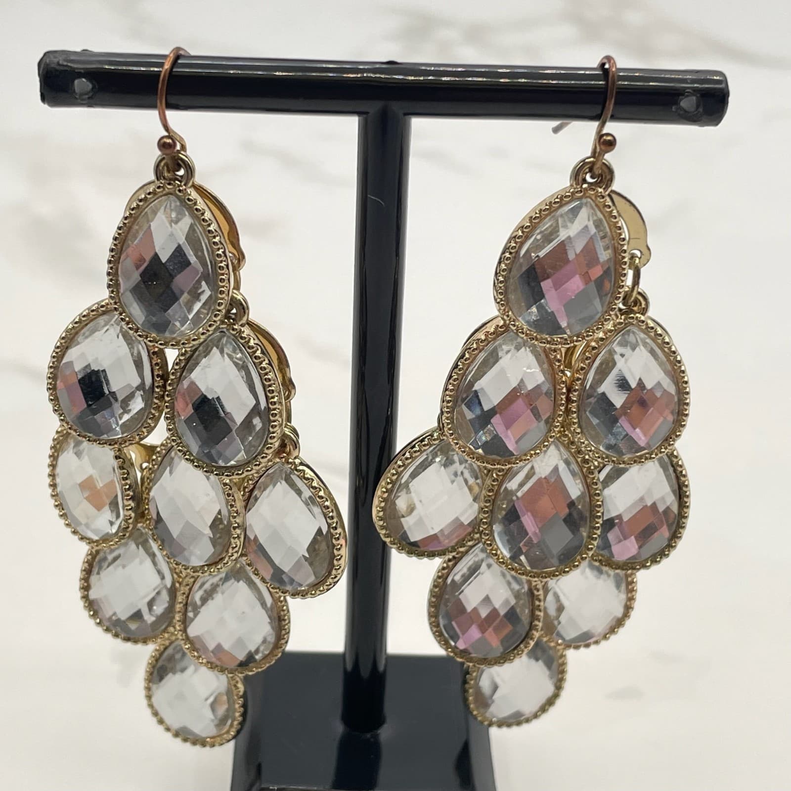 Vintage Gold-Tone Tiered Teardrop Chandelier Earrings with Faceted Clear Glass