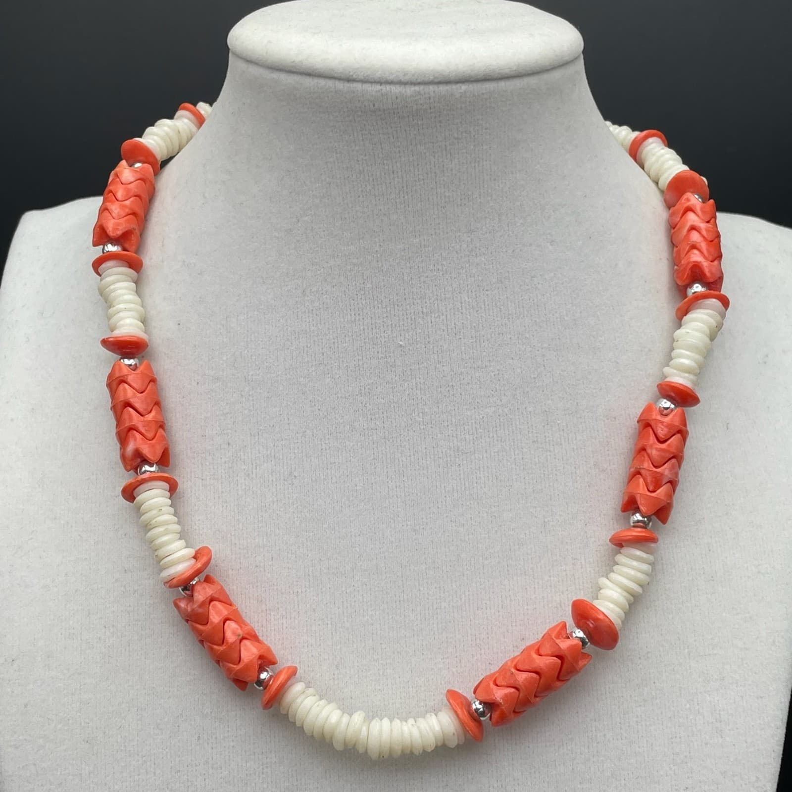 Vintage Orange Coral & White Shell Heishi Beaded Necklace 16" Beach Boho Style