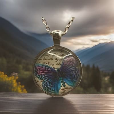 Vintage Cabochon Silver-Tone Blue Morpho Butterfly Lobster Pendant Necklace
