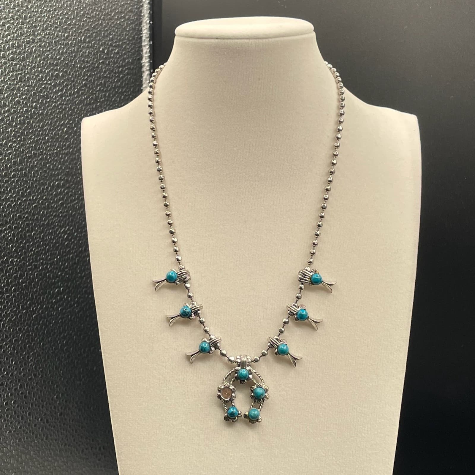 Vintage VTG Silver-Tone Lobster Turquoise Beaded Squash Blossom Naja Pendant