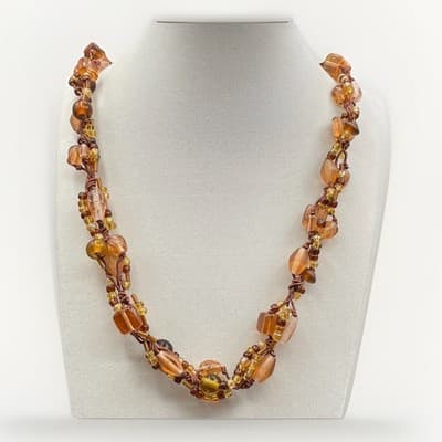Vintage Multi-Stranded Amber Glass Handcrafted Beaded Cord Lobster Necklace