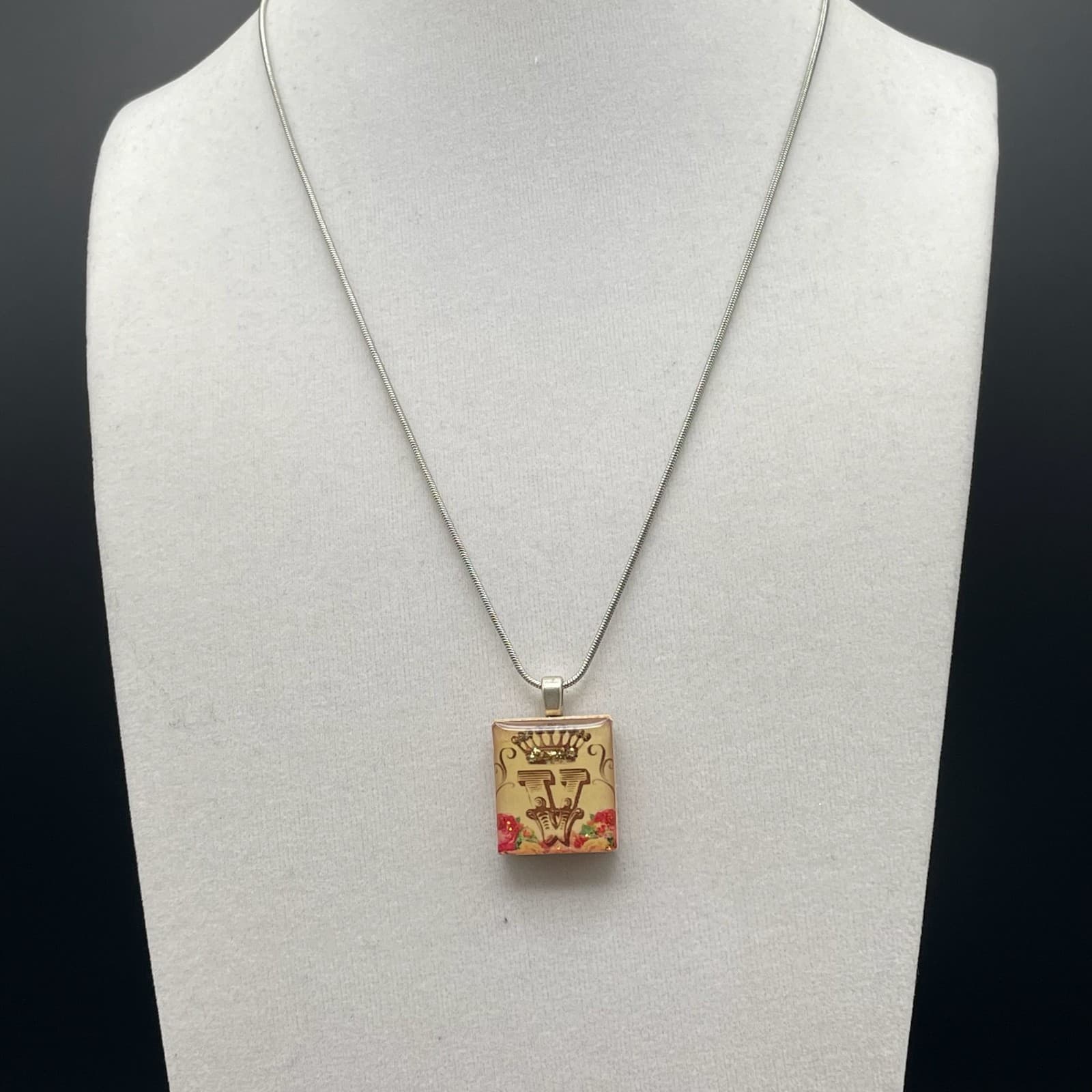 Vintage Initial V Monogram Wood Resin Square Pendant Necklace Silver Snake Chain