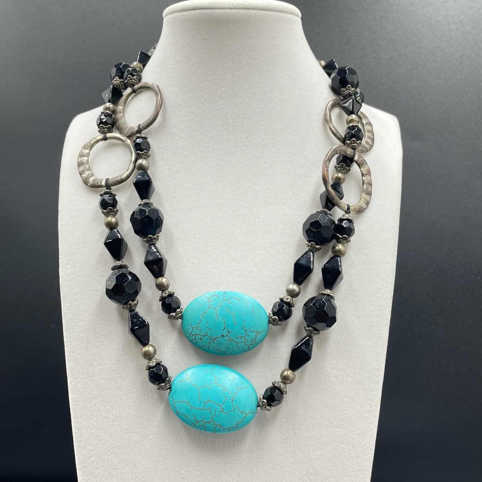 Vintage Two-Strand Turquoise Stone Black Silver-Tone Beaded Necklace - Size 20"