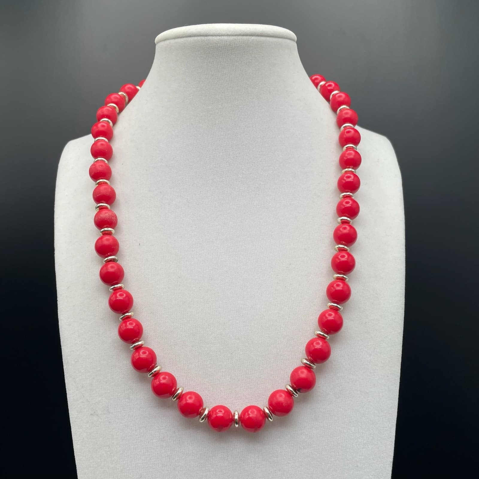 Vintage Red Plastic Beaded Necklace Silver Tone Spacers 18" Statement Y2K
