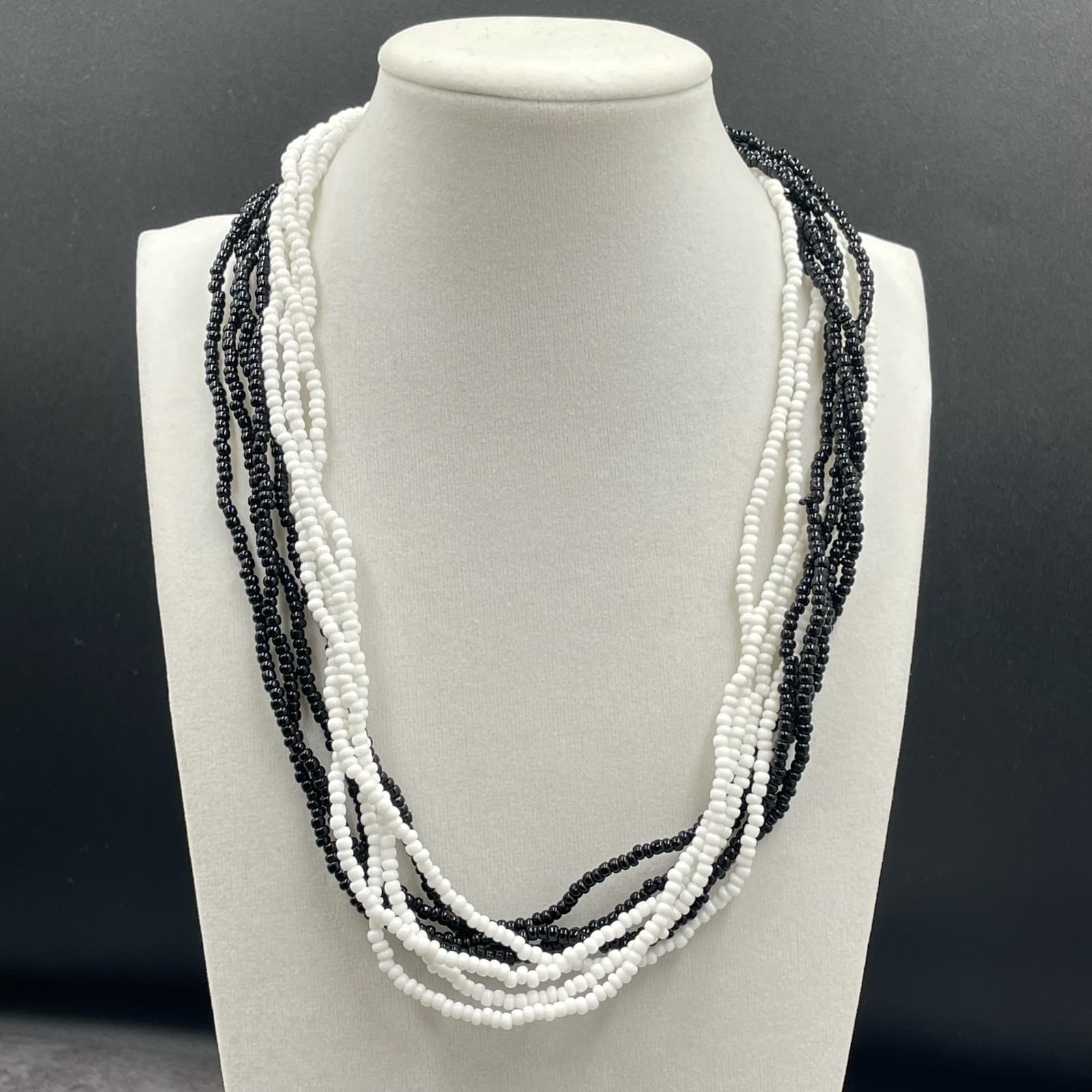Vintage Multi-Strand Black White Glass Seed Retro Beaded Necklace - Size 20"