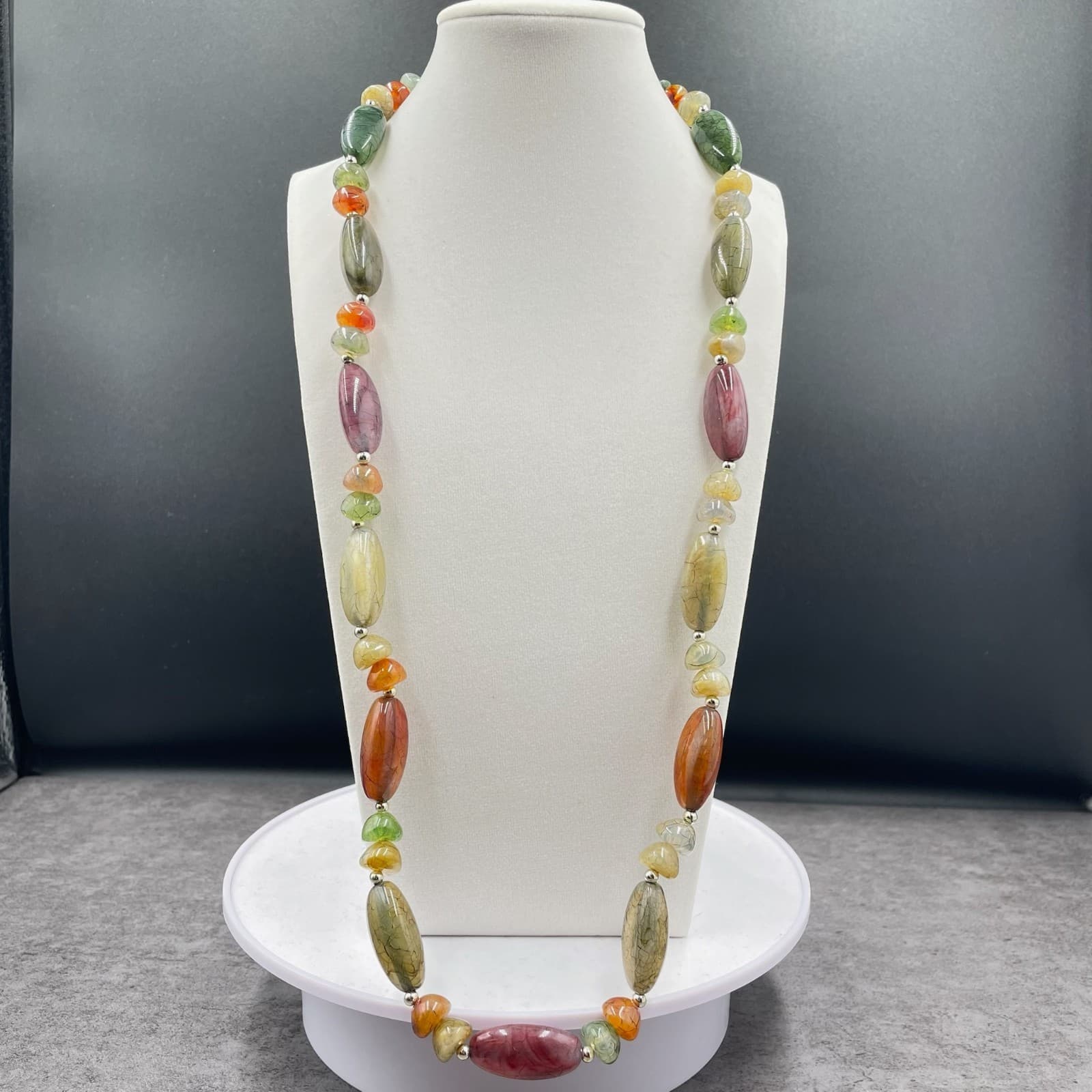 Multicolor Stone Bead Necklace Earthy Boho Gemstone-Style Long Statement