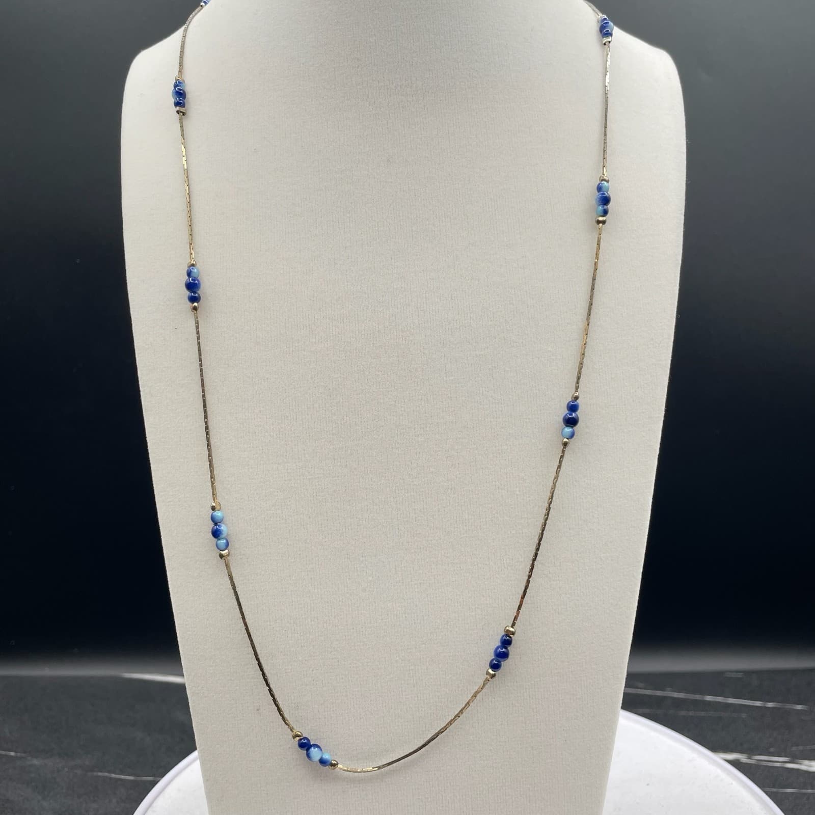 Vintage VTG Gold Tone Snake Chain Necklace Blue Swirl Glass Bead Stations 15 in