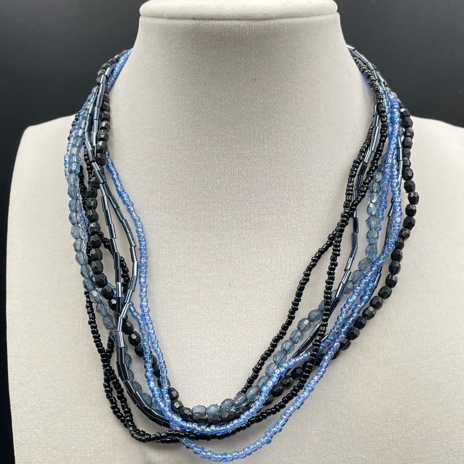 Vintage Womens Blue Black Mixed Glass Beaded Many Standed Layered Necklace
