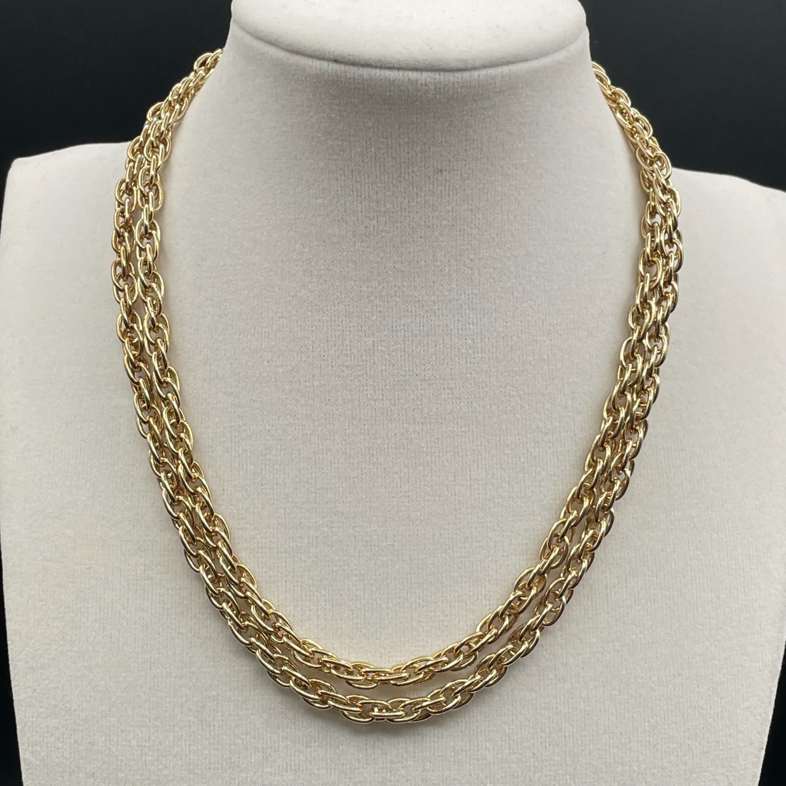 Vintage Gold-Tone Classic Braided Twist Chain Triple-Strand Push-Lock Necklace