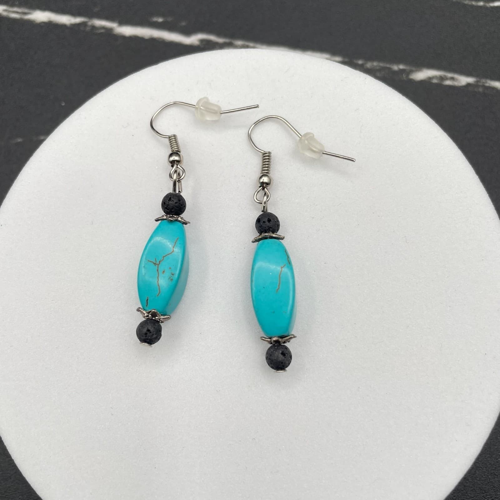 Vintage Turquoise Stone Black Lava Beads Silver-Tone Hook Dangle Earrings