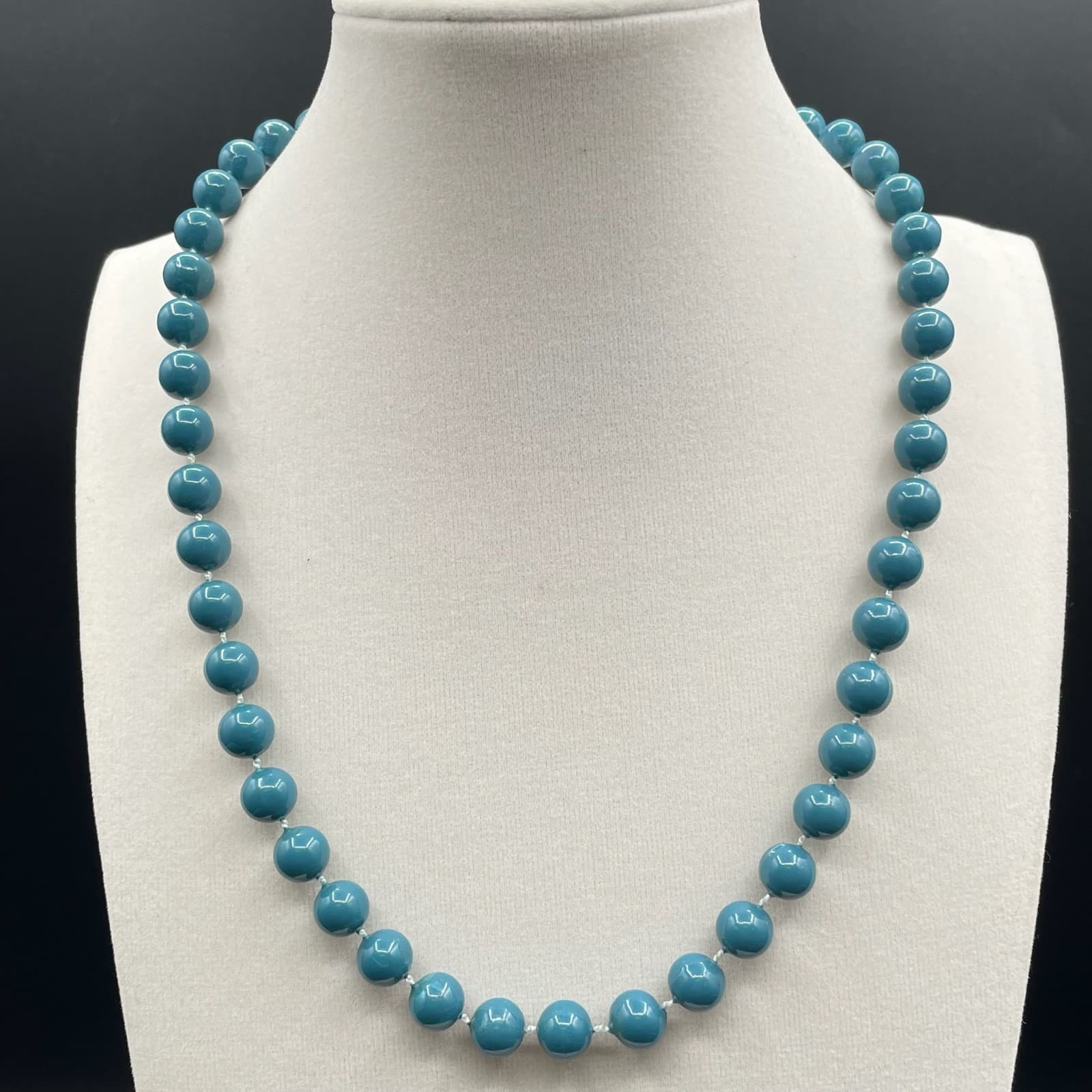 Vintage Teal Blue Glass Beaded Necklace 18" Single Strand Round Beads Minimalist
