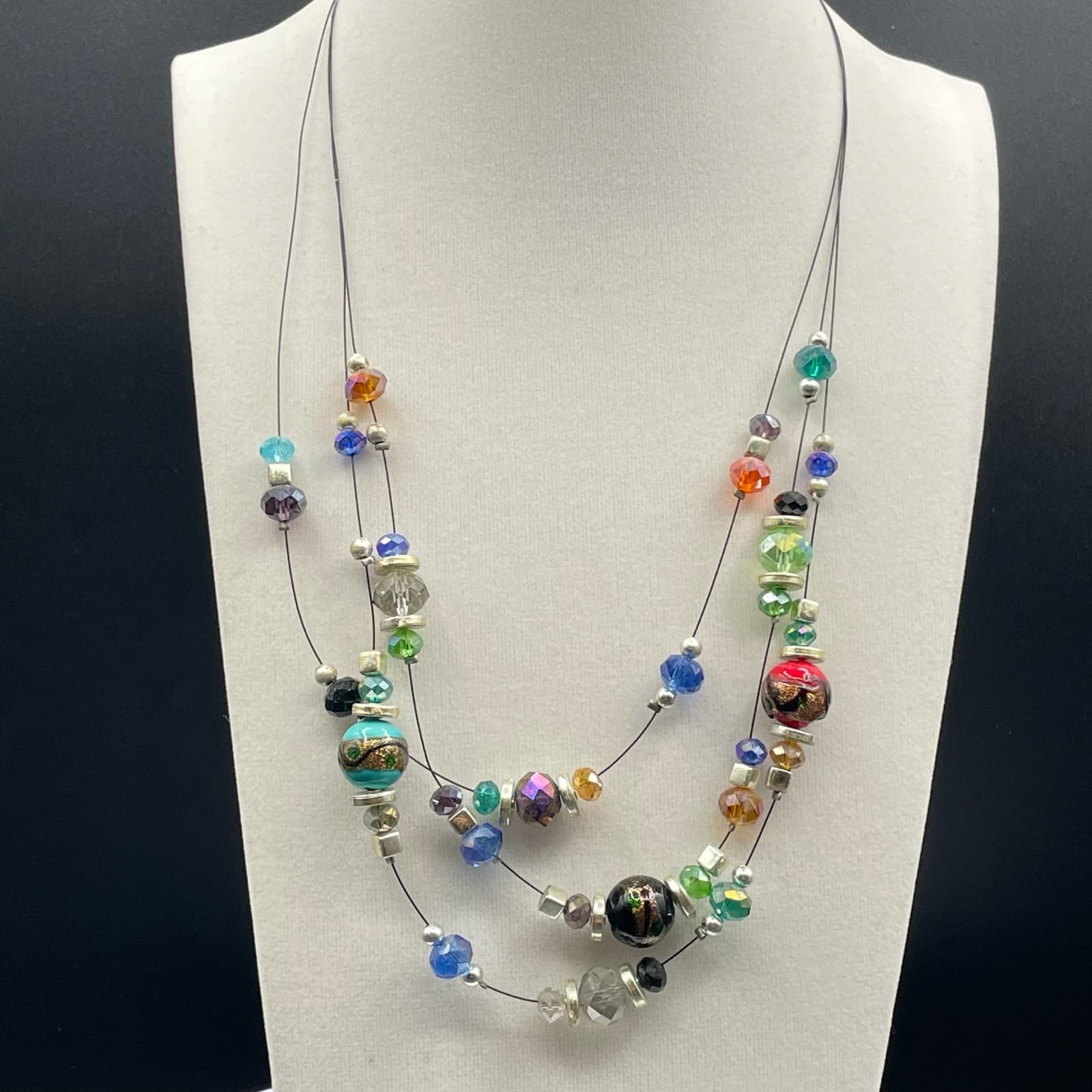 Vintage Womens Multi-Stone Beaded Mixed Glass Statement Standed Layered Necklace