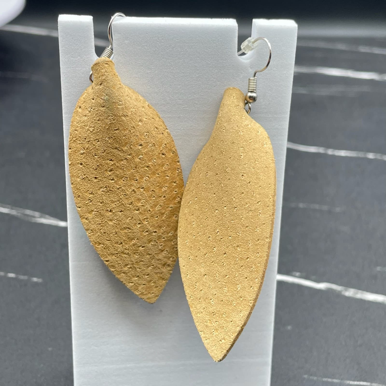 Vintage Imitation Turquoise Beads Tan Leather Leaf Bohemian Hook Earrings