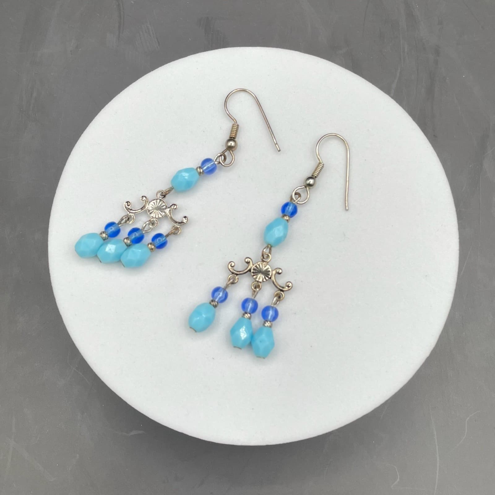 Vintage Silver-Tone Blue Glass Teardrop Beaded Chandelier Dangle Earrings