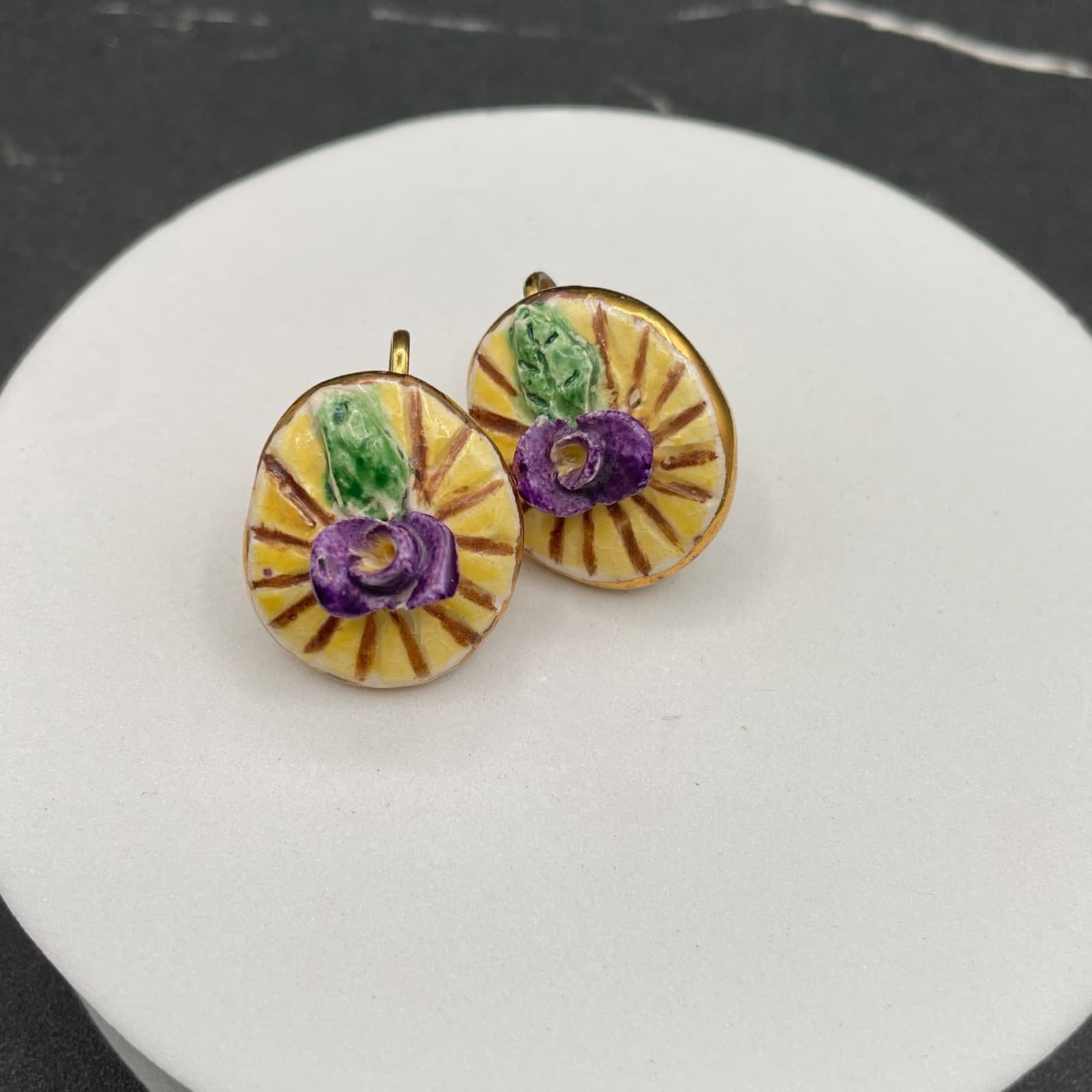 Vintage Yellow Purple Mauve Green Hand-Painted Classic Flower Button Earrings