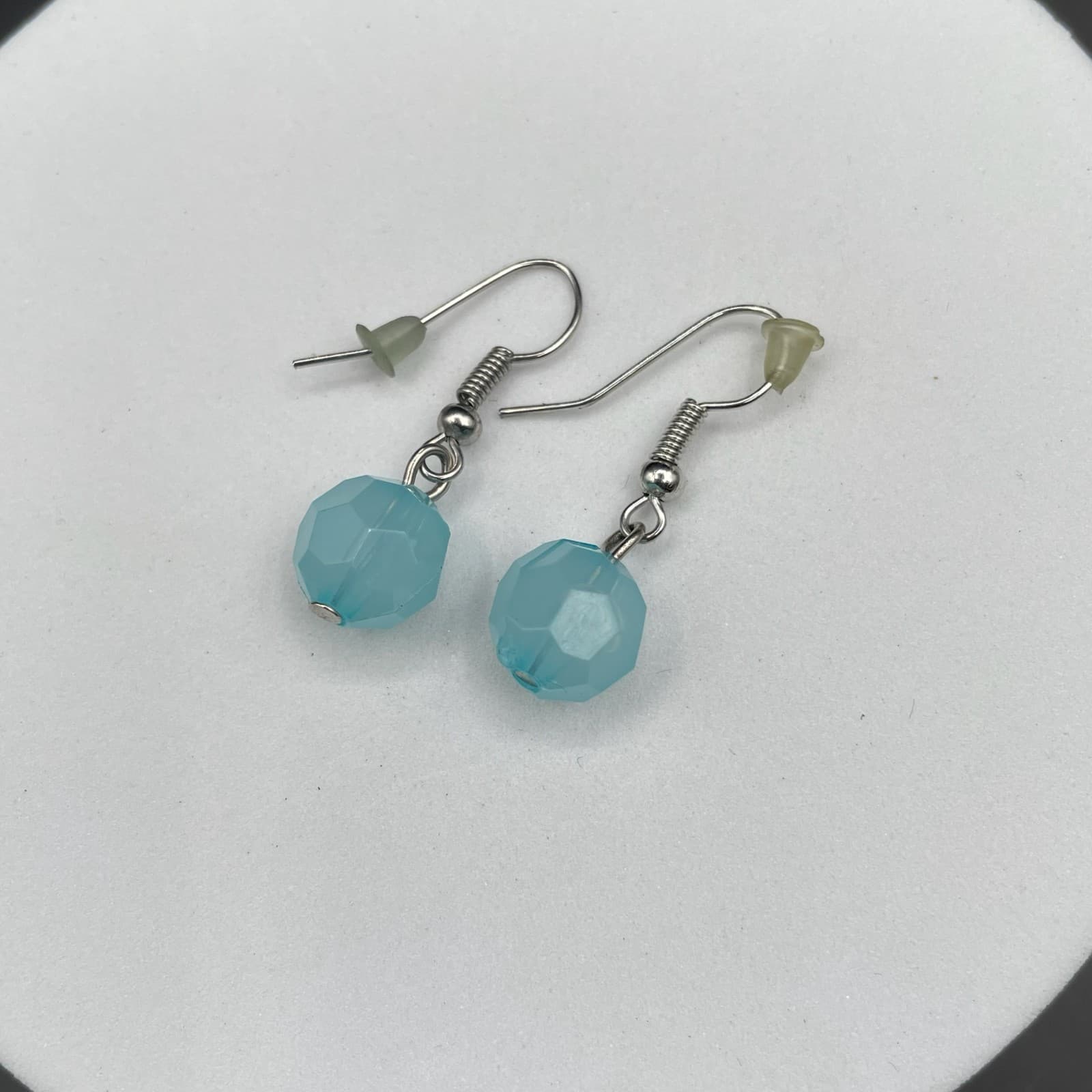 Vintage Silver-Tone Blue Translucent Plastic Faceted Bead Dangle Earrings