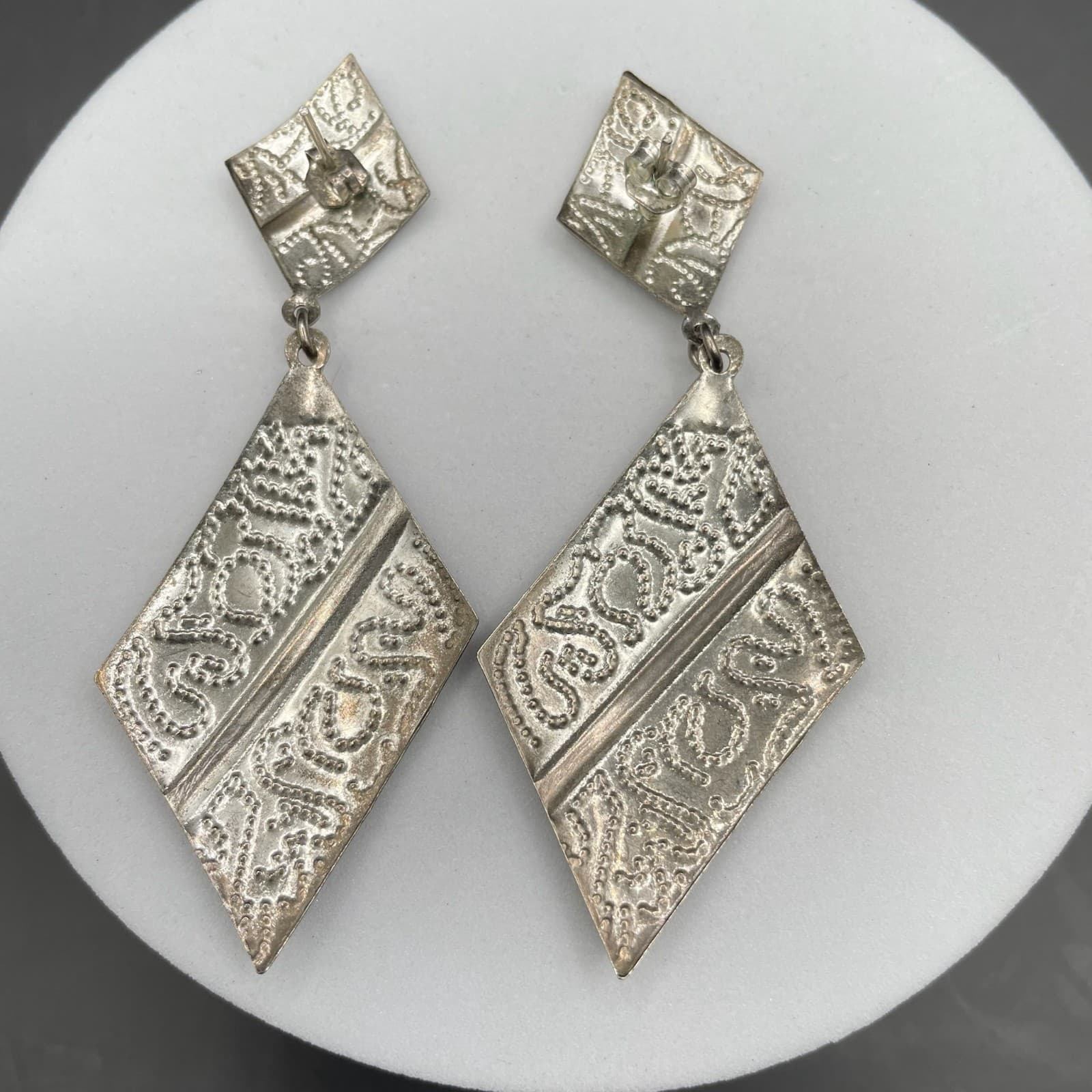 Silver-Tone Etched Diamond Shape Dangle Earrings Boho Geometric