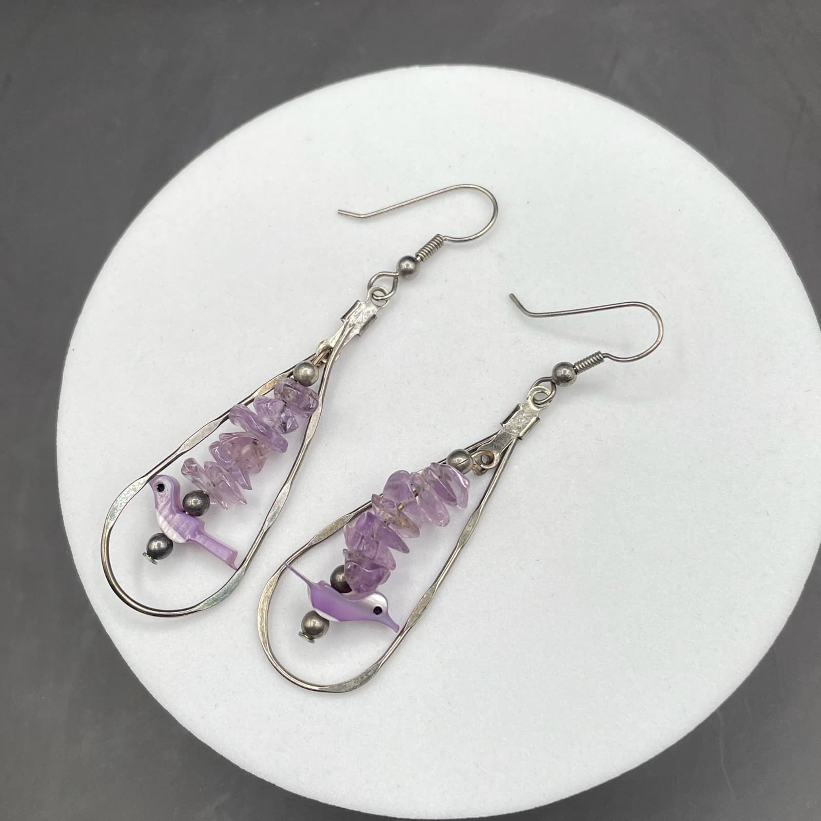 Vintage Purple Amethyst Gemstone Dyed Mother-of-Pearl Silver-Tone Beaded Hook