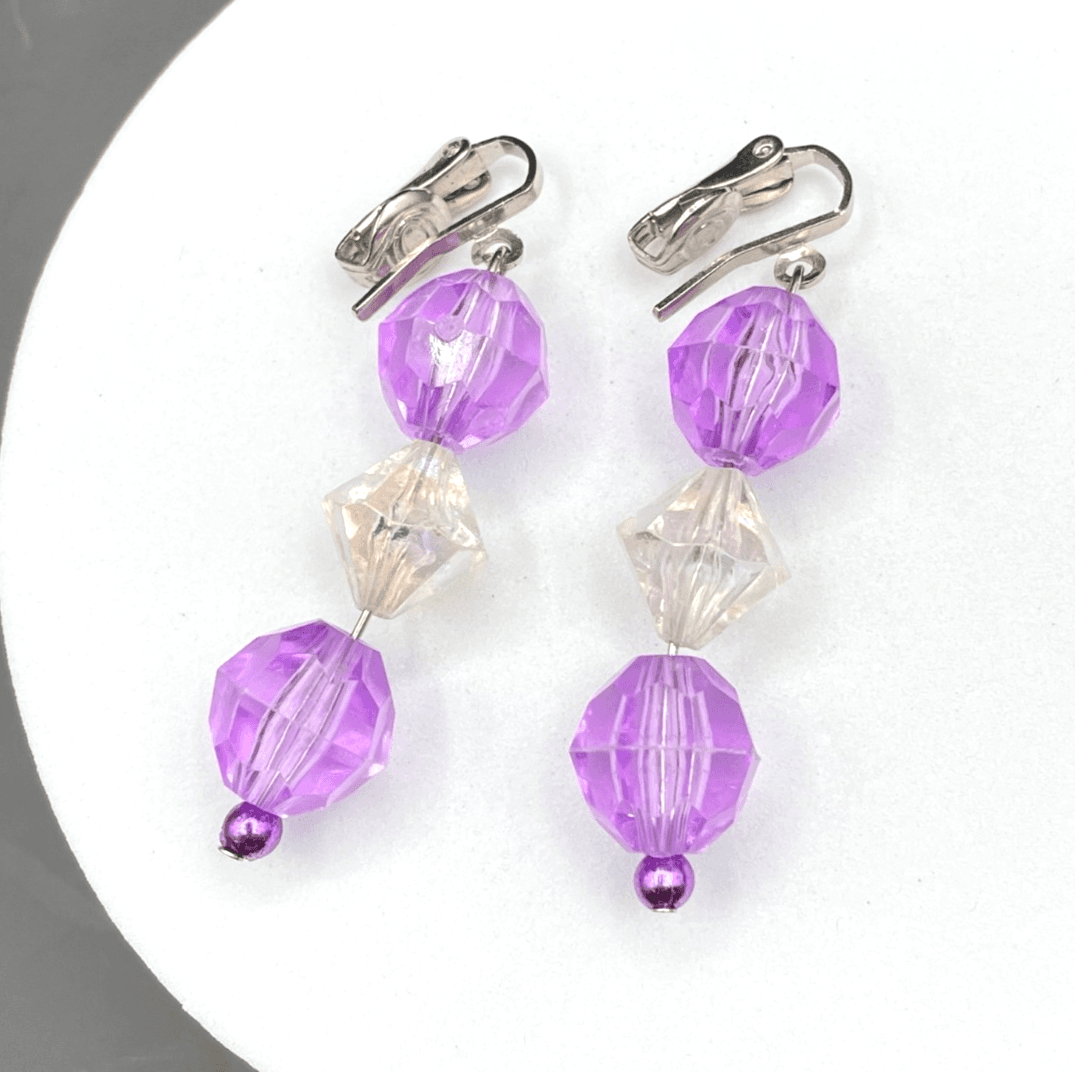 Vintage Lavender Translucent Faceted Beads Silver-Tone Plastic Clip-On Earrings