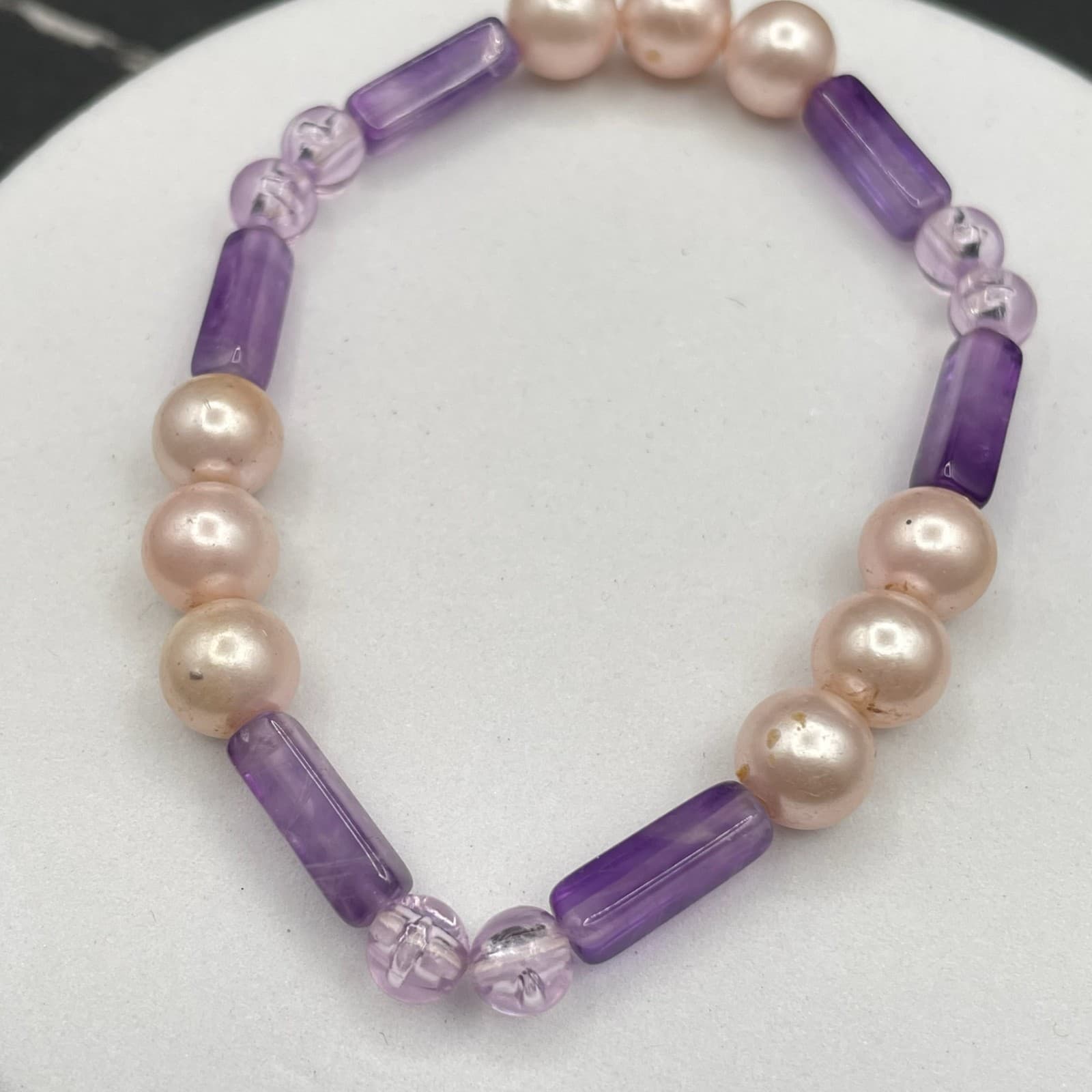 Vintage Purple Plastci Peal Glass Beads Pink & Amethyst-Toned Classic Stretch