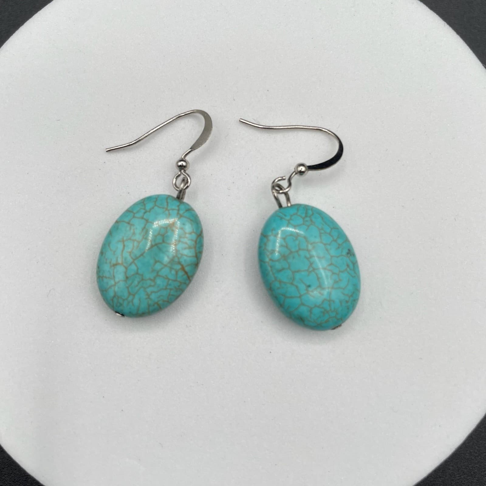 Vintage Silver-Tone Fishhook Faux Cracked Turquoise Drop Earrings Oval Shape
