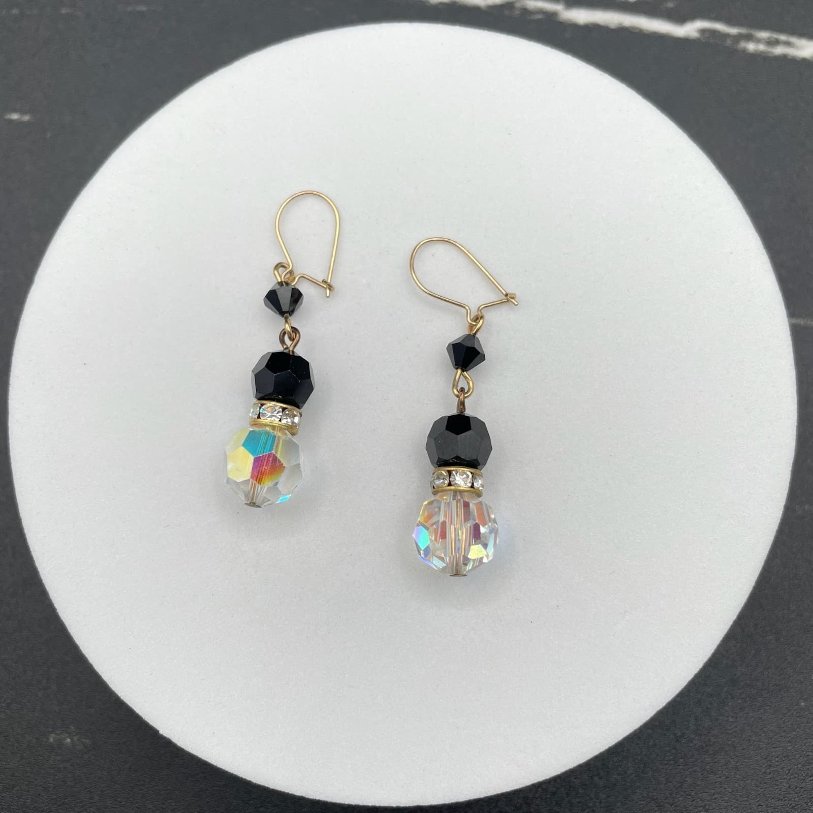 Vintage Gold-Tone Fishhook Dangle Earrings with Black Onyx Beads Faceted Crystal