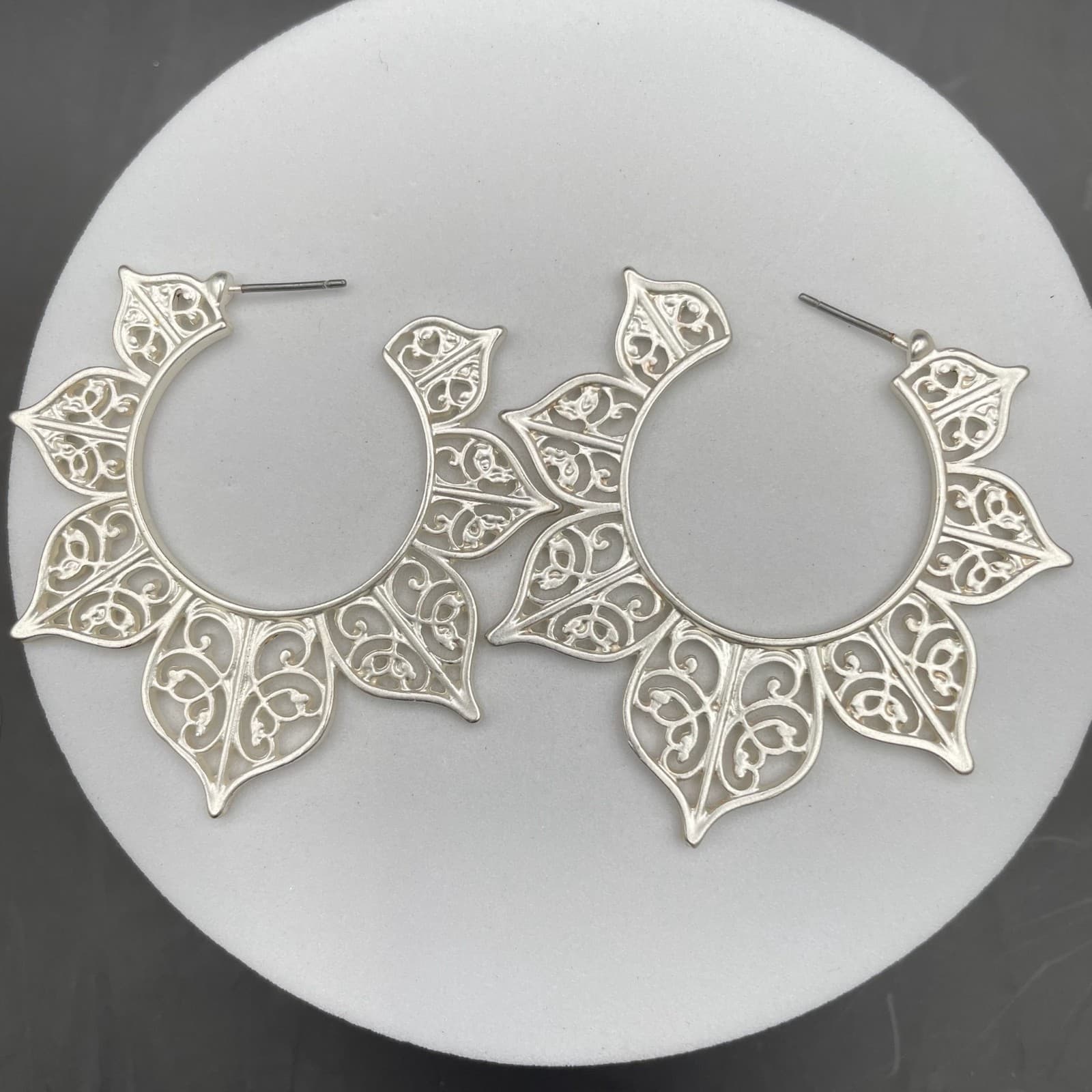 Silver-Tone Mandala Filigree Hoop Earrings Boho Festival Statement