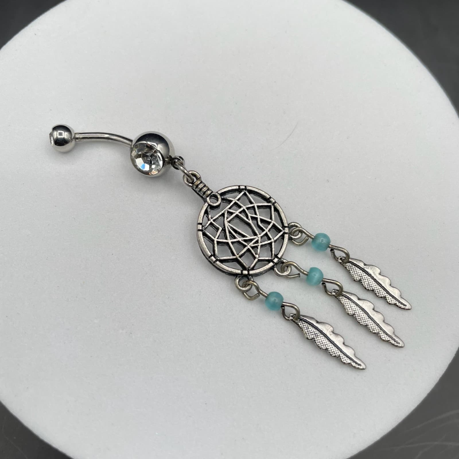 Silver-Tone Dreamcatcher Belly Button Ring w/ Feathers Boho Navel