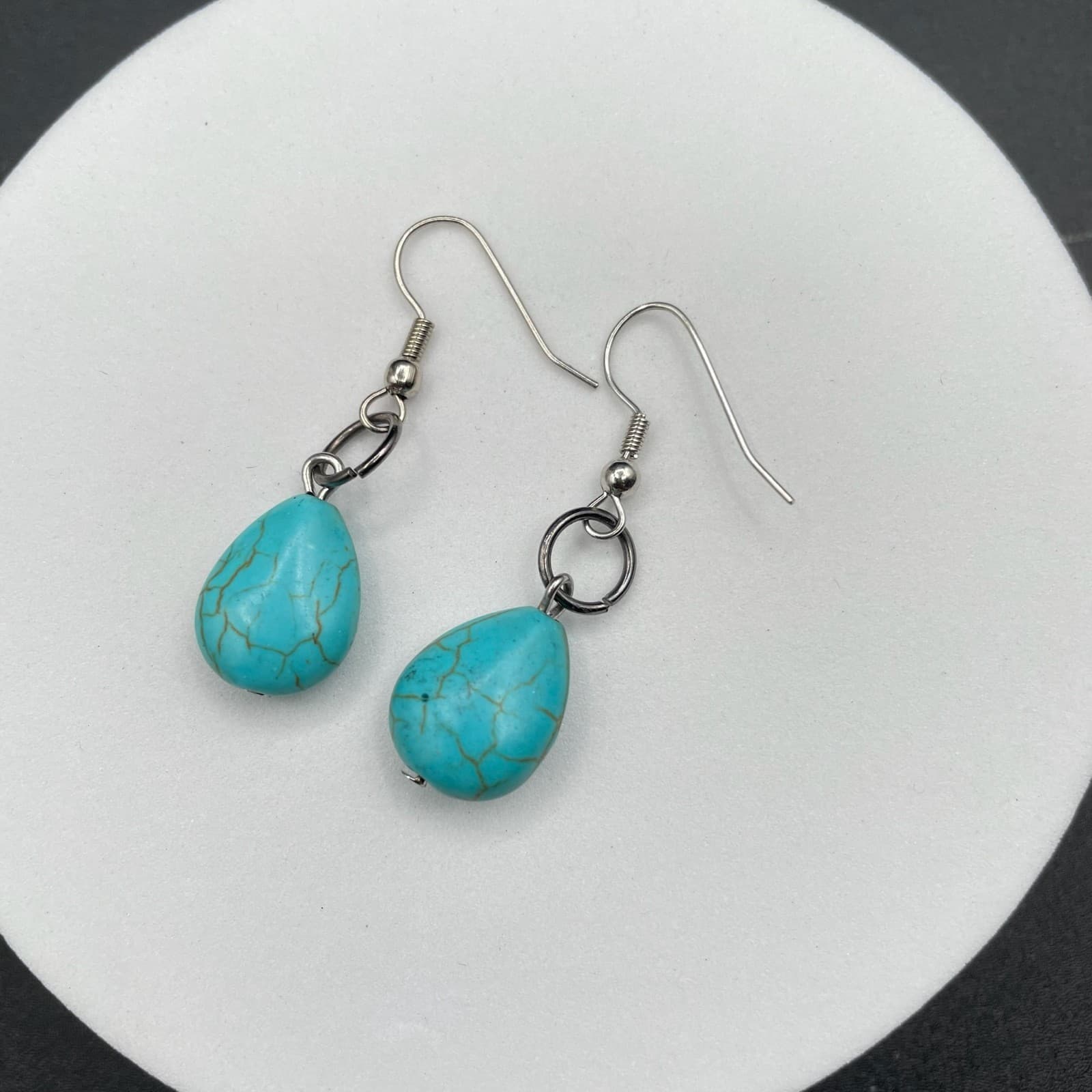 Vintage Women's Faux Cracked Blue Turquoise Teardrop Earrings with Silver-Toned
